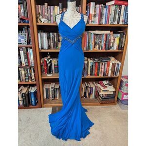Cache Women's Size 4 Silk Blue Embellished Sequin Maxi Dress Gown Prom Wedding